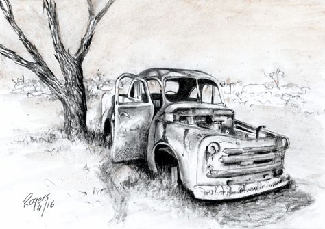 "Wrecked and Rusted" a simple charcoal and turmeric artwork I enjoyed creating. (By Kevin Rogers) Rust Drawing, Sketches Landscape, Barn Drawing, Pencil Sketches Landscape, Car Drawing Pencil, Tractor Drawing, Inktober 2024, Lighthouse Tattoo, Pickup Car