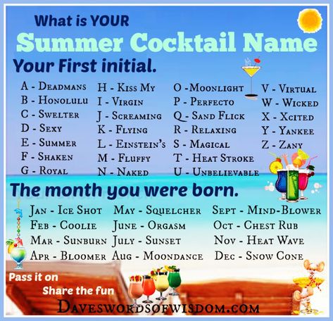 Daveswordsofwisdom.com: Find your summer cocktail name? Funny Name Generator, Summer Names, Funny Cocktails, Drink Names, Cocktail Names, Beach Drinks, Scentsy Party, Interactive Posts, Name Games