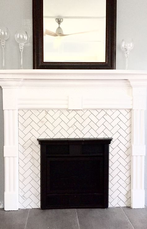 White Tile Black Grout Fireplace, White Tile Fireplace, White Tiles Black Grout, Fireplace Refacing, Tile Around Fireplace, Tile Fireplaces, Tile For Fireplace, Ogee Tile, Reface Fireplace