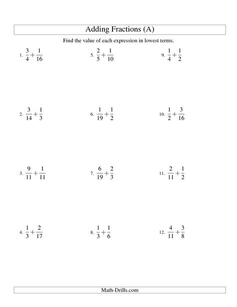 Adding Fractions with Unlike Denominators (A) Math Worksheet #freemath Fractions Worksheets Grade 4, Multiplying Fractions Worksheets, Fractions With Unlike Denominators, Math Fractions Worksheets, Proper Fractions, Handwriting Worksheet, Add And Subtract Fractions, Simplifying Fractions, Adding Fractions