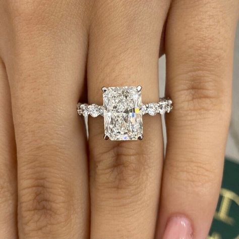 Radiant Engagement Ring Diamond, Square Engagement Rings With Side Stones, Wedding Rings Engagement Rectangle, Engagement Ring Bubble Band, Wngagement Rings, Engagement Rings Rectangular, Elongated Radiant Cut Engagement Ring, Radiant Wedding Ring Set, Engagement Rings Radiant Cut