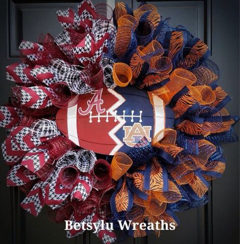 Hey, I found this really awesome Etsy listing at https://www.etsy.com/listing/202777994/alabama-crimson-tide-and-auburn-tigers Auburn Wreath, Alabama Crafts, House Divided Wreath, Broncos Colors, Auburn Alabama, Sports Wreaths, Football Wreath, Wreath Project, Door Wreaths Diy