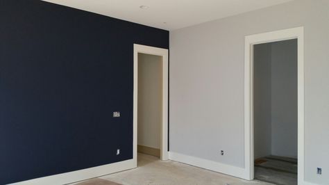 SW Naval flat Cashmere paint accent wall with SW 50% Light French Gray for Seahawks boys room, BM Winter White OC-21 trim, SW Pure White flat ceiling Sw Naval, Paint Accent Wall, Kids Room Ceiling, Terrace House Interior, Light French Gray, Modern Kids Room Design, Navy Accent Walls, Flat Ceiling, Minimalist Kids Room