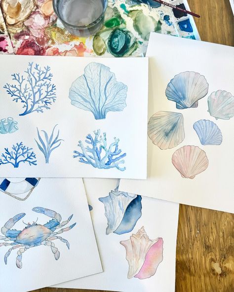 Currently on the desk. I’m trying to wrap up a big coastal themed project this week for a licensing opportunity 🌊🐚☀️ loving all these soft blues and creams! . . . #watercolorillustration #coastaldecor #coastalliving #seashells #beachart #winsorandnewton #blickartmaterials #watercolors #beachdecor #dailydoseofpaper #makersmovement #etsyfinds #ladies #licensingart #ladiesofillustration Paintings Ideas Watercolor, Watercolor Seashells, Coastal Watercolor, Watercolor Beach, Tropical Watercolor, Watercolor Beginner, Art Watercolour, Watercolor Ideas, Visual Journal