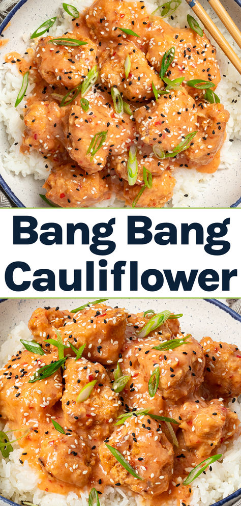 Vegan Bang Bang Cauliflower Wings on a bed of rice. Cauliflower Pizza Toppings, Vegetarian Quick Recipes, Dr Vegan Recipes, Vegan Bang Bang Cauliflower, Vegan Mexican Meals, Easy Vegan Dishes For A Party, Cozy Vegan Dinner, Meat Free Dinner Ideas, Dinner Recipes Non Dairy