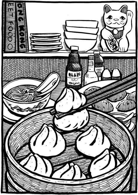 Print Ideas Black And White, Black And White Aesthetic Illustration, Black And White Pictures To Print, Black And White Food Drawing, Black And White Food Illustration, B&w Illustration, Cute Black And White Posters, Bao Bun Illustration, Manga Illustration Black And White