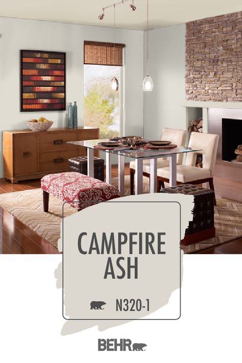 Looking for a versatile wall color that can work with a variety of interior design styles? Start with BEHR® Paint in Campfire Ash. Neutral paint colors are always in style, and we’re loving the look of this light gray hue. Featured here in this dining room, click below for full color details. Campfire Ash Behr Paint Color Palette, Behr Campfire Ash Living Room, Campfire Ash Behr Paint Living Room, Campfire Ash Behr Paint, Adobe Sand, Behr Gray, Stylish Nightstand, Family Room Paint Colors, Tire Garden