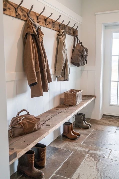 Entry Mud Room Ideas, Artic Entry Ideas, Modern Farmhouse Furniture Ideas, Mud Room Living Room Combo, Country Home Renovation Ideas, Mud Room Farmhouse Entryway, Farmhouse With Wood Trim, Rustic Modern Farmhouse Interior, Garage Entry Mudroom