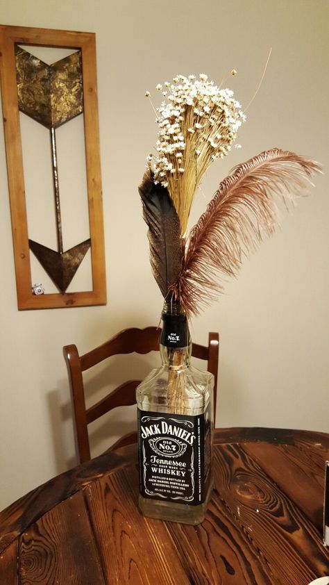 Jack Daniels Bottle Pretty Jack Daniels Bottle Centerpiece, Jack Daniels Bottle, Bottle Centerpieces, College House, Whisky Bottle, Wedding Bottles, Jack Daniel, Yee Haw, House Things