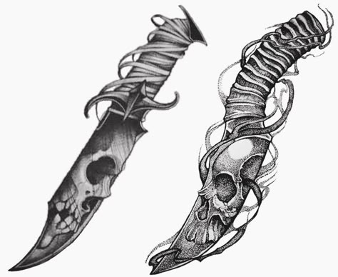 Strongman Tattoo, Dagger Tattoo Ideas, Skull Knife, Half Sleeve Tattoos Drawings, Knife Tattoo, Arte Punk, Dagger Tattoo, Tattoo Style Drawings, Dark Art Tattoo