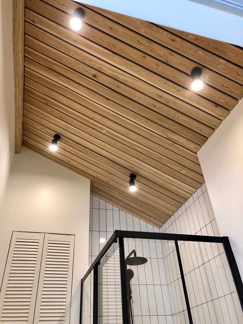 Timber Ceiling Bathroom, Wooden Bathroom Ceiling, Wooden Ceiling Design Bathroom, Wooden Ceiling Bathroom, Wood Bathroom Ceiling, Bathroom Wood Ceiling, Wall Panel Ceiling, Cladding Ceiling, Plain Ceiling