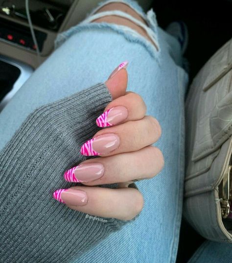 Summer Zebra Nails, Nails Zebra Design, Pink And Zebra Nails, Zebra Almond Nails, Zebra Tip Nails, Zebra Nails Pink, Zebra Nails Acrylic, Zebra Manicure, Summer Nails Colors Acrylic