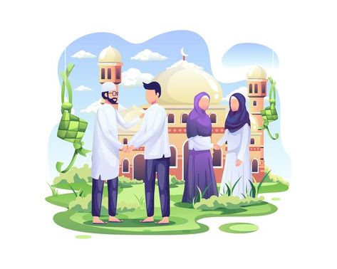 Happy muslim people celebrate eid mubara... | Premium Vector #Freepik #vector #islamic #gift #family #girl Eid Mubarak Hd Images, Mosque Illustration, Medical Artwork, Eid Pics, Eid Al Adha Greetings, Muslim Photos, Muslim Greeting, Eid Mubarak Greeting Cards, Shaking Hands