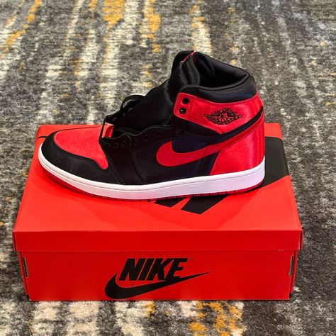 Jordan 1 Retro High Og Satin Bred (Women's) In The Ever-Classic Black/University Red/White Colorway. Women’s 11.5/Mens 10 Red Mens Shoes, Allysa Milano, Jordans Aesthetic, Shoes Jordan 1, Red Clothes, Pretty Sneakers, Nike Air Jordan Shoes, White Basketball Shoes, Trendy Shoes Sneakers