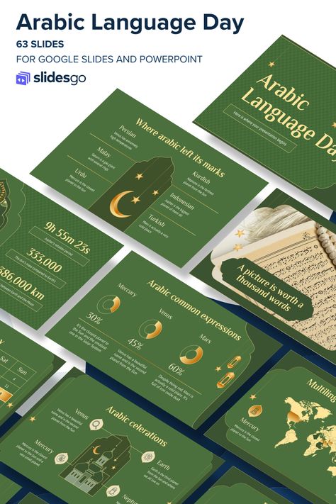 Arabic Presentation Design, Arabic Language Day, Quran App, Poetry Music, Green Marketing, Elegant Template, Luxury Slides, Presentation Slides Design, Slides Design