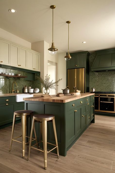 Emerald And Gold Interior, Gold Accents Kitchen Decor, Dark Green Kitchen Accents, Green Brown Kitchen Cabinets, Kitchen Design Dark Green, Black And Emerald Green Kitchen, Pine Green Kitchen, Copper Green Kitchen, Green Forest Kitchen