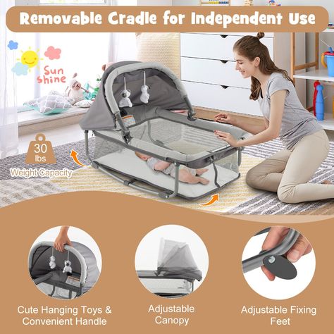 Specifications: Color: Black/Gray Material: Polyester fabric, sponge, iron, PP Basic Baby Playard Size: 43.5" x 31" x 31" Diaper Table Size: 31.5" x 20" Cradle Size: 30" x 18" x 21.5" Mattress Size: 40" x 27" Folding Size: 31" x 10" x 10.5" Weight Capacity of Basic Playpen: 33 lbs Weight Capacity of Baby Bassinet: 22 lbs Weight Capacity of Changing Table: 22 lbs Weight Capacity of Cradle: 22 lbs Net Weight: 34.5 lbs Applicable Age: 0-36 Months (baby playard) 0-6 Months (baby bassinet) Key Features: ● 5-in-1 Versatile Baby Playard: This multifunctional baby plaryard combines 5 modes in one unit, including the infant bed, full size baby bassinet, changing table, baby activity center, freestanding cradle. After removing the mattress, diaper table and cradle, there is roomy space for your baby Diaper Table, Baby Play Yard, Diaper Changing Table, Baby Activity Center, Newborn Nursery, Pack And Play, Large Storage Baskets, Baby Necessities, Baby Bassinet