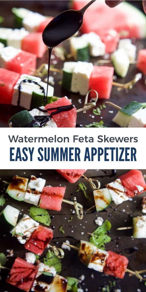 This Watermelon Feta Bruschetta is the easiest summer appetizer you’ll ever make! Watermelon, cucumber and feta cheese are skewered together and topped with a sweet Balsamic Reduction that’ll blow your mind! Prepare this easy appetizer recipe at your next summer cookout for the ultimate menu. Watermelon Feta Appetizer, Watermelon Appetizer Ideas, Watermelon Appetizer, Feta Bruschetta, Summer Appetizers Easy, Dip Recipes Appetizers, Simple Snacks, Homemade Appetizer, Balsamic Recipes