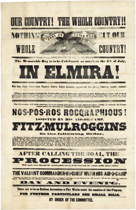 An unrecorded, off-the-wall broadside for the 1867 July 4th celebration in Elmira, New York - Rare & Antique Maps Elmira New York, Bunker Hill Monument, Irreverent Humor, Bunker Hill, Wood Engraving, Antique Maps, Rare Antique, Rhode Island, July 4th