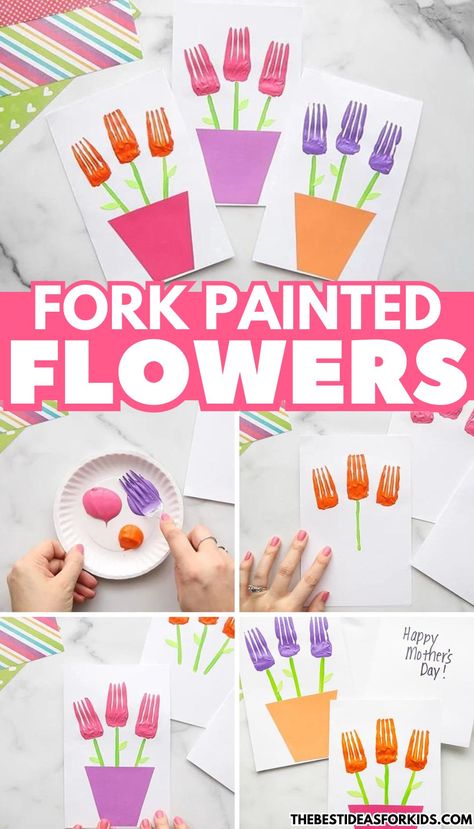 Fork Painted Flowers - a cute craft that's perfect for Mother's Day! No Paint Mothers Day Craft, Preschool Mothers Day Crafts Easy, Fork Flowers Craft, Mothers Day Art For Toddlers, Mother’s Day Toddler Art Craft, Mother S Day Crafts For Preschool, Mother’s Day Projects Toddler, Easy Mothers Day Crafts For Preschoolers, Mother S Day Crafts For Toddlers