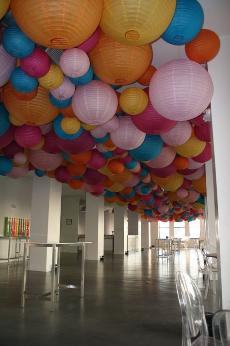 Custom Paper Lantern Lighting and Ceiling Decoration. Paper Lanterns Ceiling, Ceiling Paper Lanterns, Paper Lantern Installation, Classroom Ceiling Lights, Paper Lantern Ceiling Decor, Ceiling Decorations For Prom, Decorations Hanging From Ceiling, Event Ceiling Decor, Lantern Ceiling Decor