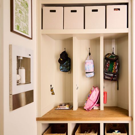 How I Built a Custom Drop Zone Entryway Organizer Drop Zone Laundry Room, Drop Zone Closet, Backpack Drop Zone, Family Drop Zone, Drop Zone Entryway, Ikea Entryway, Mudroom Cabinets, Entryway Closet, Entryway Organizer