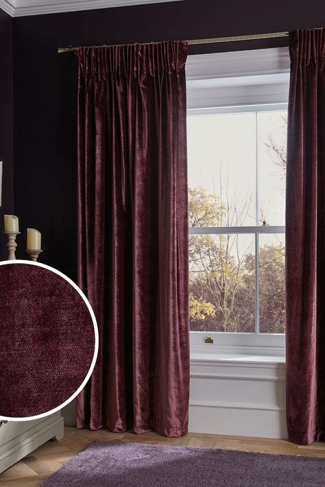 Plum Purple Collection Luxe Heavyweight Lined Plush Velvet Pencil Pleat Curtains Deep Purple Decor, Plum Living Room Ideas, Purple Curtains Bedroom, Plum Living Room, Maroon Curtains, Plum Living, Burgundy Curtains, Office Curtains, Rococo Furniture