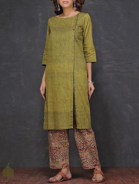 Buy Olive Boat Neck Mangalgiri Cotton Kurta by Jaypore Women Kurtas Online at Jaypore.com Silk Kurtas, Kalamkari Dresses, Kalamkari Designs, Kurtas For Women, Kurta Patterns, Kameez Designs, Churidar Designs, Kurta Style, Salwar Designs