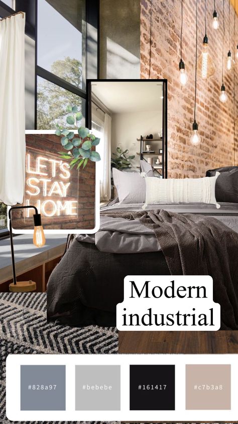 Black And Wood Industrial Bedroom, Wall Decor Industrial Style, Modern Industrial Interior Bedroom, Industrial Bedroom Feminine, Industrial Bedroom Design Small Spaces, New York Loft Style Bedroom, Industrial Bedroom Moodboard, Modern Industrial Bedroom Design, Soft Industrial Decor