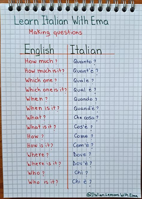 Italian Language Notes, Italian Basics Language, Learning Italian Aesthetic Notes, Italian Notes Study, Learning Italian Aesthetic, Studying Italian, Basic Italian Phrases, Italy Language, Words In Italian