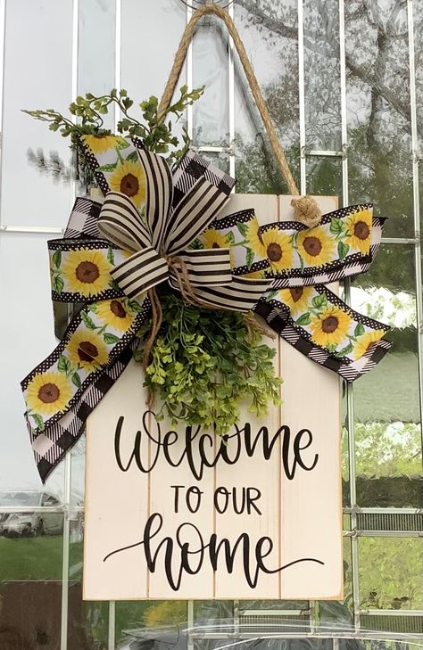 Glowforge Signs, Large Wooden Door, Sunflower Door Hanger, Wooden Door Sign, Wooden Wreath, Stencil Wood, Farmhouse Door, Large Door, Door Signs Diy