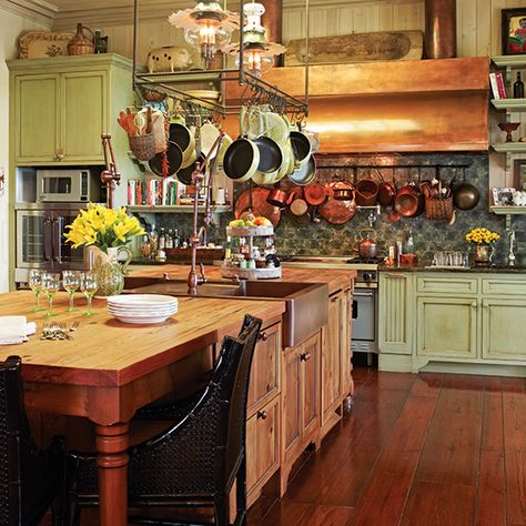 Welcome to Paula's Kitchen! See the details she loves and the useful appliances she's installed. Paula Deen Furniture, Edwardian Kitchen, Hanging Pot Rack, Dark Green Living Room, Old World Kitchens, Pot Rack Hanging, My Dream Kitchen, White Kitchens, Kitchen Nook