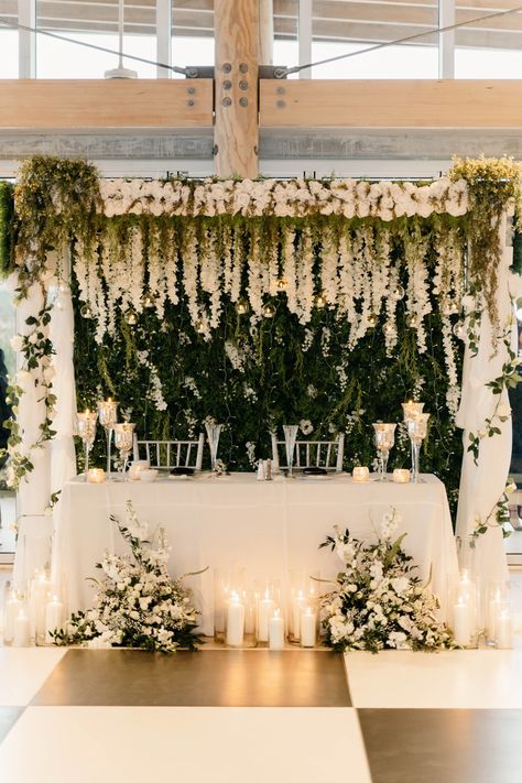 Sweetheart Table Hanging Flowers, Wedding Flower Sweetheart Table, Wedding Headtable Backdrop Ideas, Sweet Heart Table Back Drop, Sweat Heart Table Wedding Ideas, Sweet Heart Table Decor, Wedding Head Table Ideas, Wedding Table Backdrop Ideas, Bridal Table Backdrop