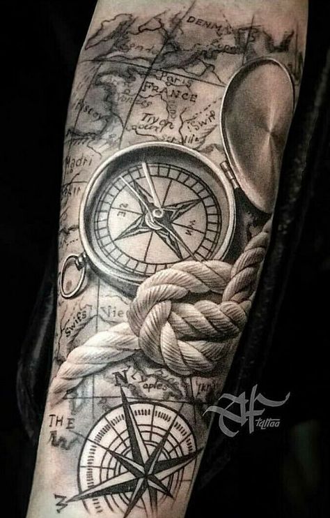 Sextant Tattoo, Nautical Compass Tattoo, Rope Tattoo, Nautical Tattoo Sleeve, Tato Henna, Pirate Tattoo, Compass Tattoo Design, Map Tattoos, Marvel Tattoos