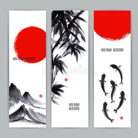 Banners with Japanese natural motifs. Three beautiful banners with Japanese natu #Sponsored , #paid, #Ad, #Japanese, #banners, #natu, #natural Natural Motifs, Journal Elements, Watercolor Paper Texture, Nature Background Images, Bamboo Art, Banner Printing, Sumi E, Nature Backgrounds, Nature Illustration