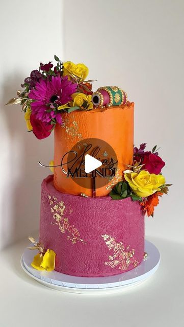 Sweet Cravings on Instagram: "Mehndi vibes 🧡🧡  . . 6 and 9 inch Victoria sponge cake . . Food colouring @colour.mill  Cake topper @cloudsandsprinkles  Stencil @caking_it_up  Edible gold leaf @sprinks_baking Dried gold ruscus @bakeboxboutique  Fondant @renshawbaking . . #sweetcravingsforever #mehndi #mehndicake #mehndinight #mehndiparty #mehndiceremony #mehndivibes #reeltrending #weddingcake #weddingcakes #weddingcakesideas #weddinginspiration #weddingideas #weddingvibes #cake #cakedecorating #cakesofinstagram #cakestyle #cakeideas #cakeart #cakeinspo #cakeinspiration #mehndireels #cakereels #pinkandorange #mehndikiraat #artofbaking #reel #reels #reelsinstagram" Mehandi Cake, Mehndi Cake, Mehndi Function, Mehndi Party, Edible Gold Leaf, Mehndi Night, Victoria Sponge Cake, Mehndi Ceremony, Victoria Sponge