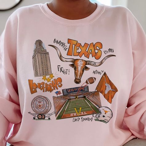 Showcase Your Longhorn Pride With Our 'University Of Texas Illustrated' Sweatshirt, A Vibrant Tribute To The University Of Texas. Featuring Iconic Austin Landmarks And Spirited Designs, Each Sweatshirt Is A Wearable Piece Of Art. Proudly Crafted By Our Small Business, It's Available In A Range Of Colors And Sizes. Hook 'Em Horns! Fendi Sweater, Chloe Sweater, Desert Bloom, Asos Sweater, Tweed Top, University Of Texas, Open Knit Sweater, Women Shawl, Fall Sweatshirt