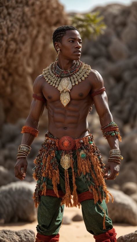 African Warrior Art Men, African Tribe Clothing, African Warrior Character Design, Afrofuturistic Fashion, Zulu Men, Tribe Warrior, African Superhero, Egyptian Men, African Warrior