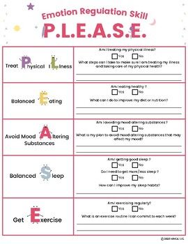 PLEASE 1-page printable DBT worksheet. This emotion regulation worksheet supports students in creating written plans to take good care of their physical health as a foundation to take good care of their mental health. This worksheet is a nice supplement to my PLEASE handout.8.5"x11" digital download printable and fillable PDFWant more resources like this? Check out my full catalog of DBT worksheets and handouts here.Related Products:DBT Coping Skills BundleThank You! I really appreciate your interest in this product! I love to design and create new things to support the emotional and behavioral health of kids and teens! It would  mean so much to me if you left a kind review and rating after purchasing a product (or freebie!) Feel free to contact me with any questions! Follow Me to get upda Dbt Skills Worksheets Free Printable, Dbt Worksheet, Dbt Activities, Dbt Skills Worksheets, Counseling Interventions, Future Therapist, Family Therapy Activities, Dbt Therapy, Mental Resilience