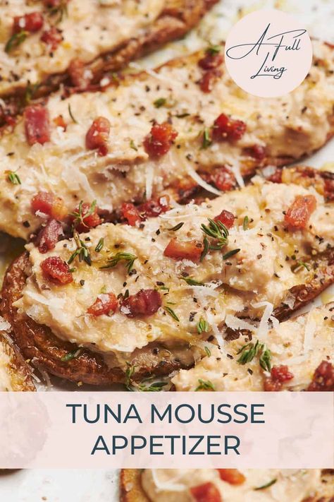 This Tuna Mousse Appetizer is rich and creamy, on top of a roasted potato base with crispy pancetta, herbs, ricotta, and parmesan cheese. Ideal for holiday gatherings! Tuna Mousse Recipe, Ricotta Appetizer, Whipped Ricotta Recipe, Tuna Mousse, Crispy Pancetta, Roasted Potato, Ricotta Recipes, Tuna Sandwich, Mousse Recipes