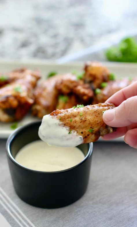 Easy Extra Crispy Chicken Wings for your Air Fryer! Spices and a secret ingredient...Baking Powder give these an extra crunch! Oven Crispy Chicken, Restaurant Ranch Dressing, Buttermilk Ranch Dressing Recipe, Oven Baked Cauliflower, Chicken In The Air Fryer, Baked Cauliflower Bites, Nashville Chicken, Ranch Dressing Recipe Homemade, Buttermilk Ranch Dressing