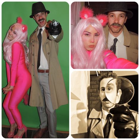 Pink Panther and Inspector Clouseau DIY Couples costume                                                                                                                                                                                 More Inspector Clouseau Costume, Pink Panther Inspector Clouseau, Pink Panther Detective Costume, Pink Panther And Detective Costume, Pink Panther And Inspector Costume, Pink Panther Couple Costume, Pink Panther Costume Women, Boys Werewolf Costume, Crazy Cat Lady Halloween Costume