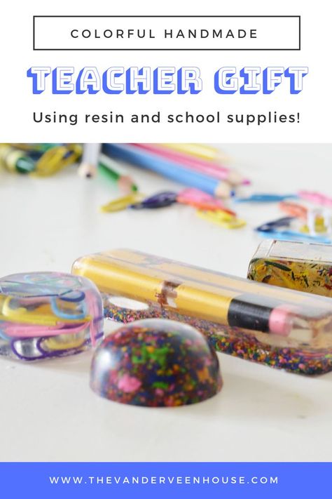 Are you looking for a unique handmade teacher gift idea for the end of school? You can easily make these fun resin magnets using a two party epoxy and colorful school supplies. These make a great DIY gift idea for teachers! #teachergift #teachergiftidea #handmadegift Gifts For Mom Homemade, Handmade Teacher Gifts, Resin Gifts, Ideas For Teachers, Diy Headboards, Handmade Beauty Products, Glue Crafts, Diy Homemade, Trendy Gift