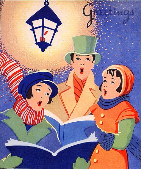 Christmas Carol Illustration, Carolers Illustration, Christmas Carol Paintings, Vintage Christmas Carolers Images, Xmas Carols, Vintage Christmas Wrapping Paper, Print Christmas Card, Musical Theme, Christmas Yard