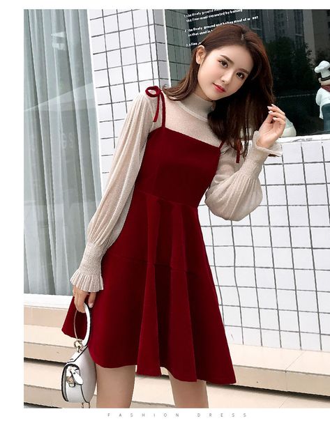 Buy Heart of Hearts Set: Long-Sleeve Mock-Neck Top + Shoulder-Tie A-Line Dress | YesStyle Christmas Outfits Classy, Christmas Attire For Women, Long Sleeve Under Dress, Outfits For Females, Christmas Outfit Women, Women Christmas Outfits, Comfy Trendy Outfits, Christmas Outfit Ideas For Women Classy, Special Outfits