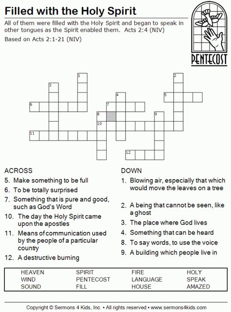 Pentecost is this coming Sunday, May 27, 2012.  Pentecost marks the end of the Easter season. The Story of Pentecost Pentecost commemorates the coming of the Holy Spirit to the apostles. After Jesu… Pentecost Sunday School, Sunday School Crossword, Bible Crossword Puzzles, Pentecost Sunday, Parting The Red Sea, Childrens Sermons, Sunday School Activities, Bible Activities, Easter Season
