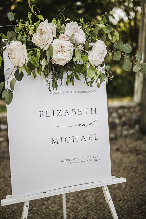 #wedding #weddingstyle #weddingsign #weddingflowers #floral #florist #weddingplanning #romantic #vineyardwedding #michigan Engagement Signage, Welcome Sign For Wedding, Sign For Wedding, Now Booking, Cut Flower Garden, Wedding Welcome Signs, Vineyard Wedding, Signed Photo, Floral Arrangement