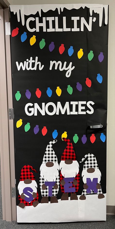 Middle School Door Decorating Ideas Christmas, Easy Holiday Door Decorations For Work, Christmas Holiday Door Contest, Decorate Christmas Door At Work, Classroom Door Decorations For Christmas High School, Christmas Gnome Door Decoration School, Christmas Door Decorating Contest High School, Chilling With My Gnomies Classroom Door, Gnome Door Decorating Contest