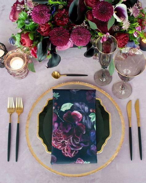 Inside Weddings on Instagram: “Meet “Celine,” she’s moody but oh so gorgeous, don’t you think? @cecinewyork & @nuagedesignsinc's new #CecixNuage fine linen and…” Jewel Tone Wedding Napkins, Fall Jewel Tone Wedding Table Settings, Jewel Tone Bridal Shower Ideas, Fall Wedding Tablescapes Jewel Tones, Jewel Tone Wedding Table Decor, Jewel Tone Table Setting, Fairy Lifestyle, Gem Tones Wedding, Purple Tablescape