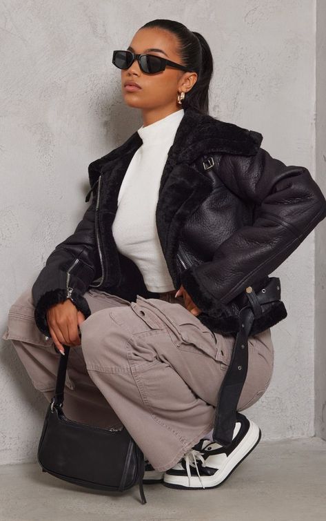 Black Jacket Outfit Black Women, Cropped Aviator Jacket, Cropped Aviator Jacket Outfit, Black Aviator Jacket Outfit, Style Inspiration Black Women, British Chav Outfits, New York Fashion Winter, Streetwear Fashion Women Winter, Jackets For Women Fall